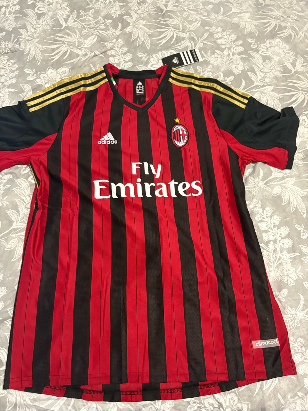 adidas AC Milan Red and Black Striped Soccer Jersey with Gold Accents
